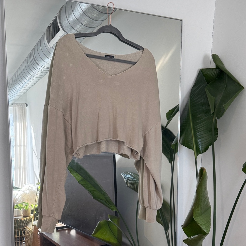 Wild Fable Khaki Taupe Bleach Dye Distressed V-Neck Cropped Sweatshirt